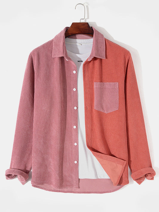 Long Sleeve Button Up Patchwork Corduroy Shirt